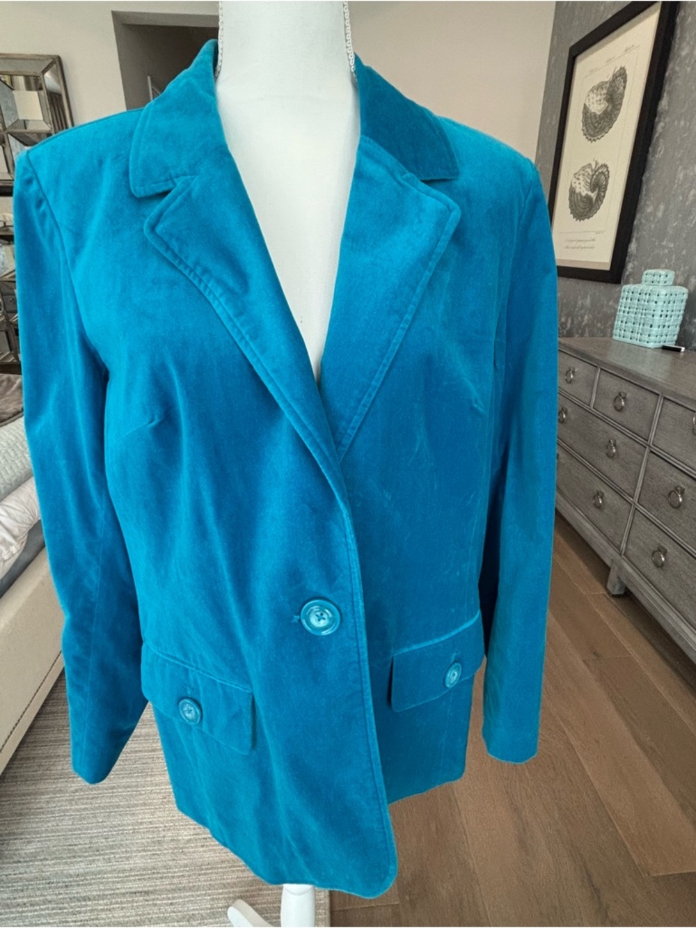 d&co Denim & Co Teal Cotton Blazer w Lime Green Lining Velour Feel Size L
